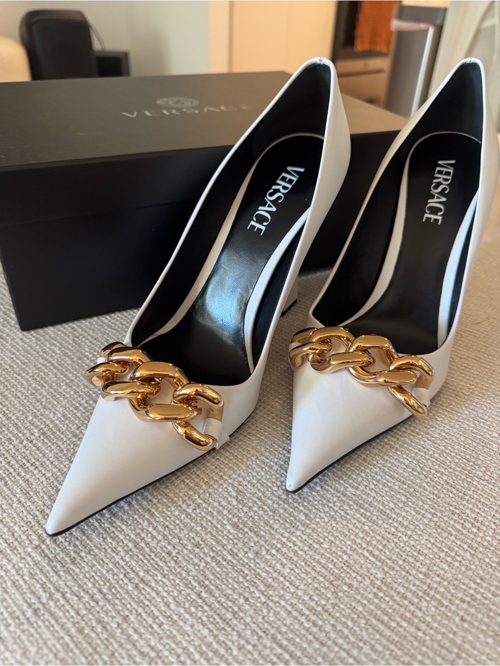Versace White Pointed-Toe Pumps with Medusa Gold Chain Accent NIB
